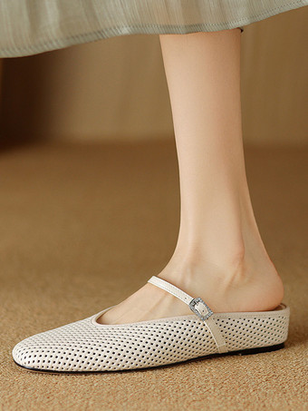 BeigeBallerines dos nu argentées bout carré détail boucle mules