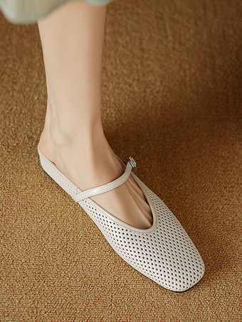 Ballerines dos nu argentées bout carré détail boucle mules