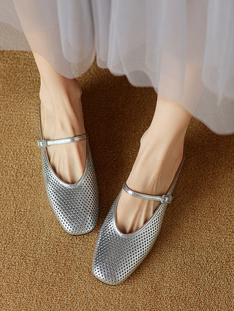 Ballerines dos nu argentées bout carré détail boucle mules