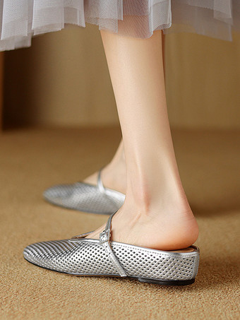 Ballerines dos nu argentées bout carré détail boucle mules