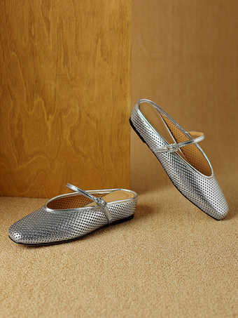 Ballerines dos nu argentées bout carré détail boucle mules