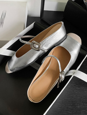 シルバー レディース レッド ミュール メリージェーン バックルディテール バックレス フラット