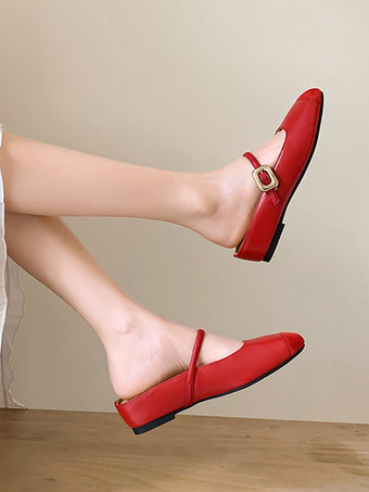 レディース レッド ミュール メリージェーン バックルディテール バックレス フラット