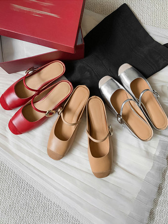 レディース レッド ミュール メリージェーン バックルディテール バックレス フラット