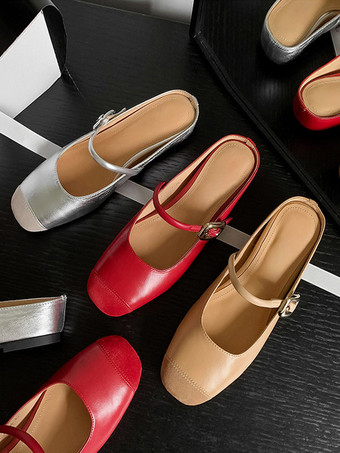 レディース レッド ミュール メリージェーン バックルディテール バックレス フラット