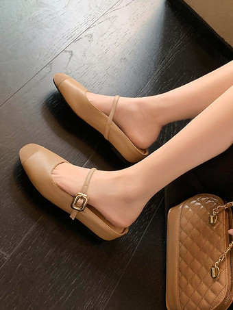 レディース レッド ミュール メリージェーン バックルディテール バックレス フラット