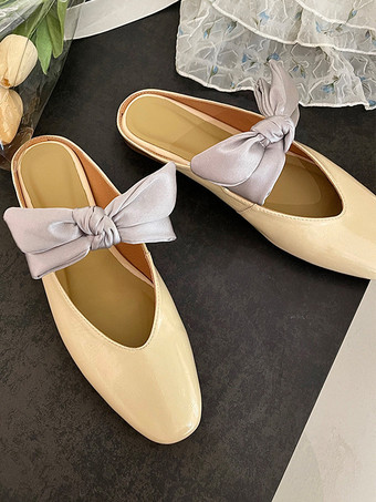イエローレディース ボウフラットミュール スクエアトゥ バックレス バレエフラット