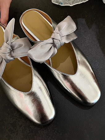 レディース ボウフラットミュール スクエアトゥ バックレス バレエフラット