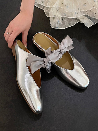 レディース ボウフラットミュール スクエアトゥ バックレス バレエフラット