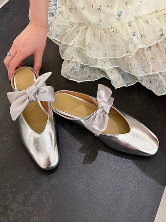 レディース ボウフラットミュール スクエアトゥ バックレス バレエフラット