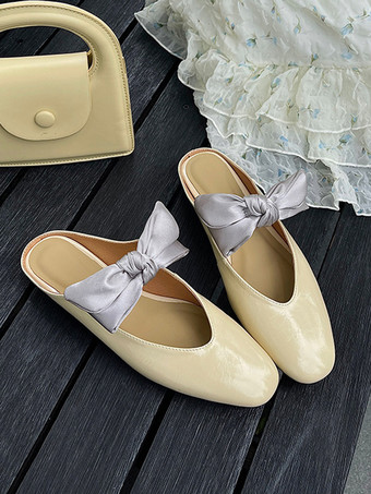 レディース ボウフラットミュール スクエアトゥ バックレス バレエフラット