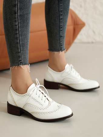 レディース オックスフォード パッチワーク ラウンドトゥ パピーヒール レースアップ ヴィンテージシューズ