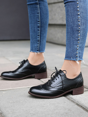 レディース オックスフォード パッチワーク ラウンドトゥ パピーヒール レースアップ ヴィンテージシューズ