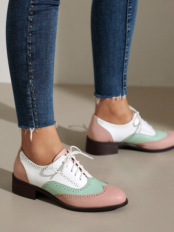 レディース オックスフォード パッチワーク ラウンドトゥ パピーヒール レースアップ ヴィンテージシューズ