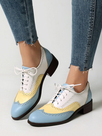 レディース オックスフォード パッチワーク ラウンドトゥ パピーヒール レースアップ ヴィンテージシューズ