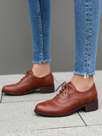 レディース オックスフォード パッチワーク ラウンドトゥ パピーヒール レースアップ ヴィンテージシューズ