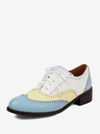ライトスカイブルーレディース オックスフォード パッチワーク ラウンドトゥ パピーヒール レースアップ ヴィンテージシューズ