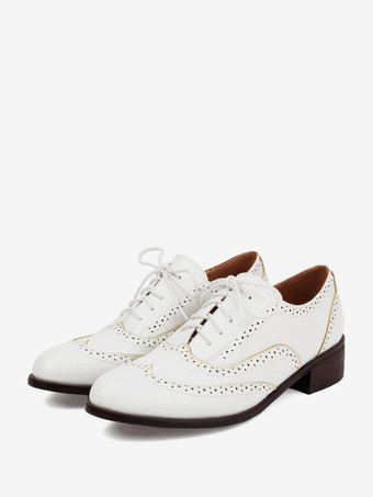 ホワイト レディース オックスフォード パッチワーク ラウンドトゥ パピーヒール レースアップ ヴィンテージシューズ