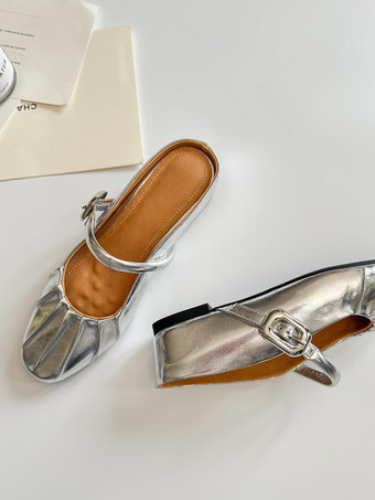 シルバー シルバー レディース ミュール ルーシュ バックルディテール バックレス フラットシューズ