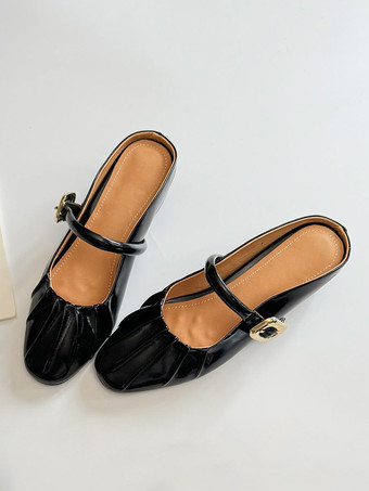 ブラック シルバー レディース ミュール ルーシュ バックルディテール バックレス フラットシューズ