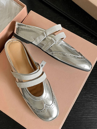 Mules plateadas para mujer con punta redonda y espalda descubierta Falt Mules