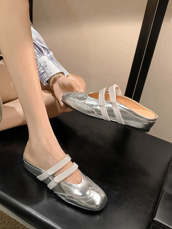 Mules plateadas para mujer con punta redonda y espalda descubierta Falt Mules