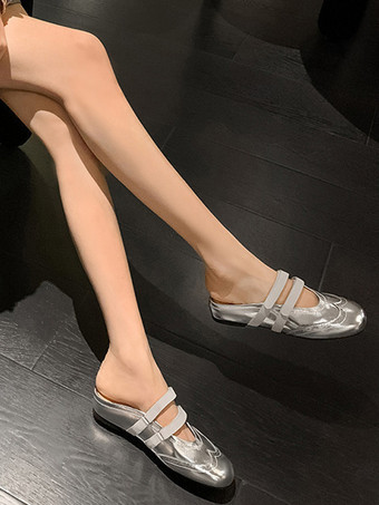 Mules plateadas para mujer con punta redonda y espalda descubierta Falt Mules