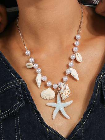 ホワイト ネックレス ヒトデ 貝殻 巻き貝 真珠 ビーチ バケーション ネックレス