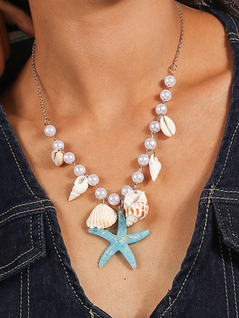 ブルー ネックレス ヒトデ 貝殻 巻き貝 真珠 ビーチ バケーション ネックレス