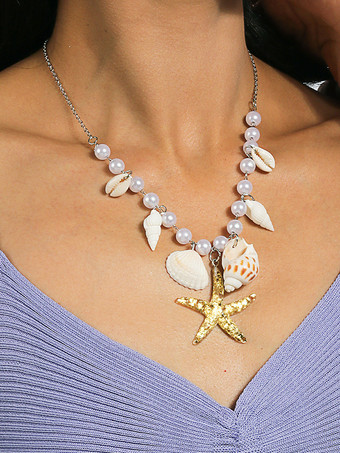 イエローネックレス ヒトデ 貝殻 巻き貝 真珠 ビーチ バケーション ネックレス