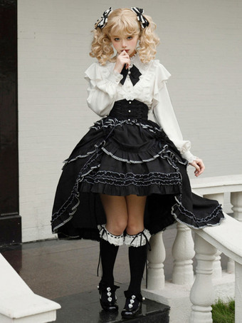 Gothic Lolita SK Jacquard Schwarze Rüschen Lolita Stufenröcke