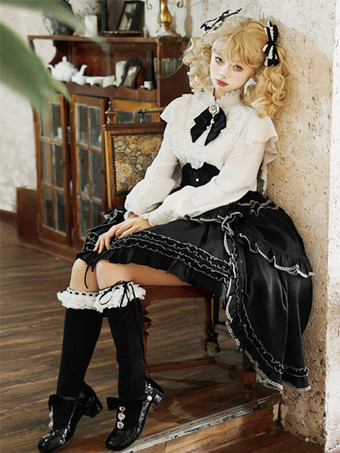 アカデミックロリータブラウス ホワイトロリータトップス 長袖 レースフリルロリータシャツ