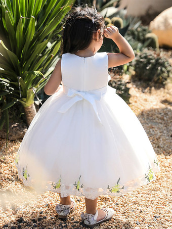 白いフラワーガールドレス 特別な日のためのドレス 黄色のレース ノースリーブ スクエアネック フラワーガールドレス