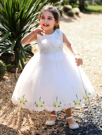 白いフラワーガールドレス 特別な日のためのドレス 黄色のレース ノースリーブ スクエアネック フラワーガールドレス