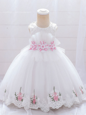 ピンク白いフラワーガールドレス 特別な日のためのドレス 黄色のレース ノースリーブ スクエアネック フラワーガールドレス