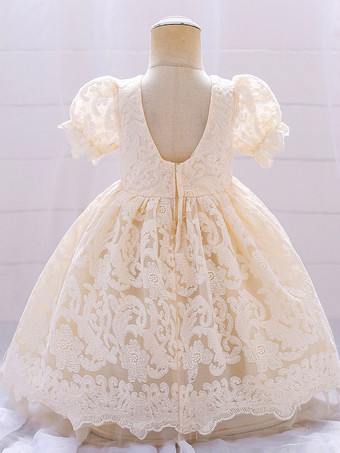 白いフラワーガールドレス 特別な日のためのドレス ホワイトレース 半袖 スクエアネック フラワーガールドレス
