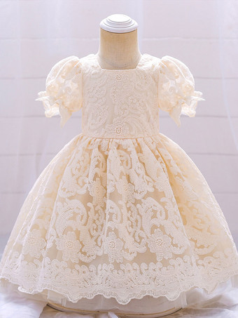 シャンパンカラー白いフラワーガールドレス 特別な日のためのドレス ホワイトレース 半袖 スクエアネック フラワーガールドレス