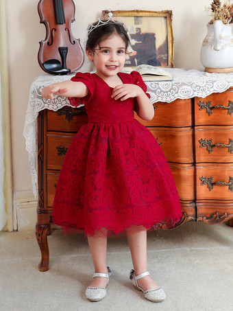 レッド 白いフラワーガールドレス 特別な日のためのドレス ホワイトレース 半袖 スクエアネック フラワーガールドレス