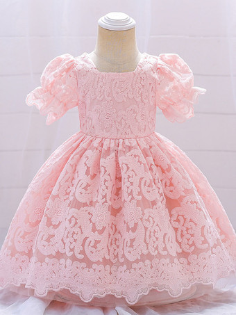 白いフラワーガールドレス 特別な日のためのドレス ホワイトレース 半袖 スクエアネック フラワーガールドレス