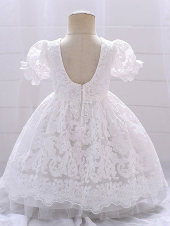 白いフラワーガールドレス 特別な日のためのドレス ホワイトレース 半袖 スクエアネック フラワーガールドレス