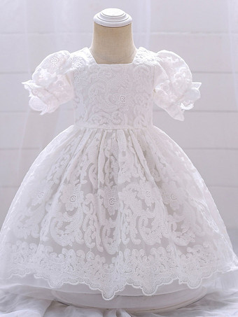 ホワイト 白いフラワーガールドレス 特別な日のためのドレス ホワイトレース 半袖 スクエアネック フラワーガールドレス
