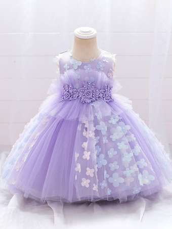 パープル 白いフラワーガールドレス 特別な日のドレス ピンクのレース ノースリーブ ジュエルネック フラワーガールドレス