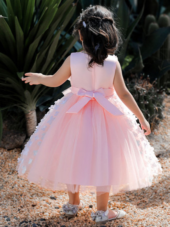 白いフラワーガールドレス 特別な日のドレス ピンクのレース ノースリーブ ジュエルネック フラワーガールドレス