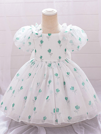 グリーン ホワイトフラワーガールドレス ベビーブルーポリエステル 半袖 スクエアネック フラワーガールドレス