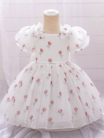 レッド ホワイトフラワーガールドレス ベビーブルーポリエステル 半袖 スクエアネック フラワーガールドレス