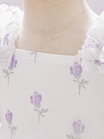 ホワイトフラワーガールドレス ベビーブルーポリエステル 半袖 スクエアネック フラワーガールドレス