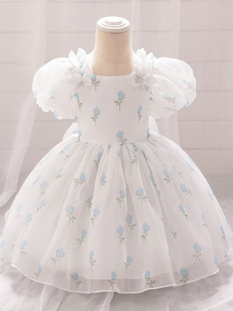 ホワイトフラワーガールドレス ベビーブルーポリエステル 半袖 スクエアネック フラワーガールドレス