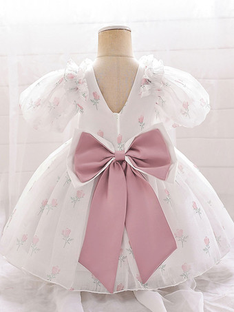 ホワイトフラワーガールドレス ベビーブルーポリエステル 半袖 スクエアネック フラワーガールドレス