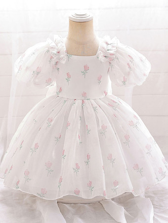 ライトピンクホワイトフラワーガールドレス ベビーブルーポリエステル 半袖 スクエアネック フラワーガールドレス