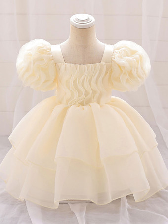 シャンパンカラーホワイトフラワーガールドレス 特別な日のドレス ライトピンクチュール 半袖 スクエアネック フラワーガールドレス